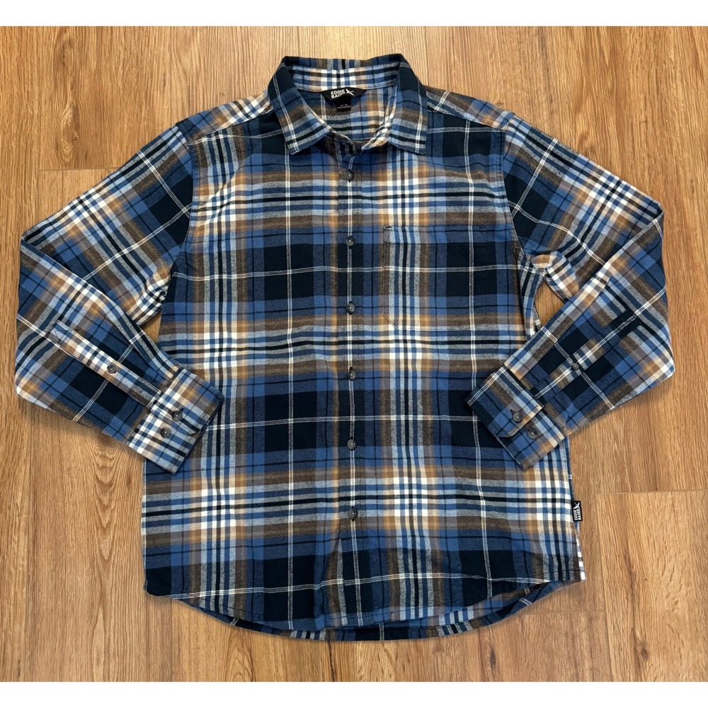 Eddie Bauer Mens Blue Brown Plaid Flannel Button Down Shirt Size M Long Sleeve